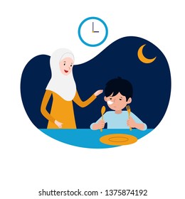 muslim mother support her sleepy kid for sahur or pre-dawn meal before start fasting vector illustration. family ramadan activity concept design.
