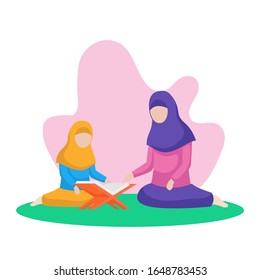 Muslim Mother Teach Her Daughter Reading Quran The Holy Book Of Islam Vector Flat Illustration At Nature Background With Floral Leaf. Ramadan Activity Poster Design.