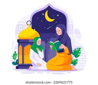 A Muslim mother teaches his daughter to read Quran. Muslim people read Quran in the holy month of Ramadan. Muslim Family read Koran on Ramadan concept illustration