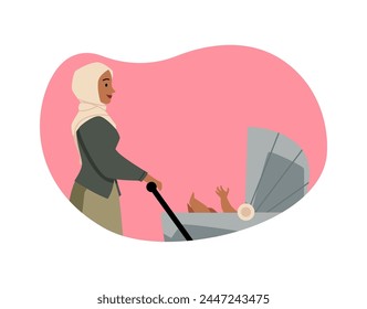 Muslim mother walking with newborn in baby carriage. Happy woman in hijab takes care of little infant. Cartoon Islamic parent love. Vector illustration of Arabic family isolated in pink decorative