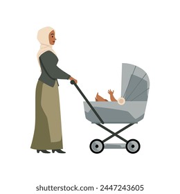 Muslim mother walking with newborn in baby carriage. Happy woman in hijab takes care of little infant. Cartoon Islamic parent love. Vector illustration of Arabic family isolated on white