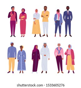 Muslim multinational couples. Vector illustration of diverse cartoon islam people in traditional, trendy and classic outfits. Isolated on white.