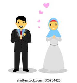 Muslim and Muslimah bride couple, isolated on white
