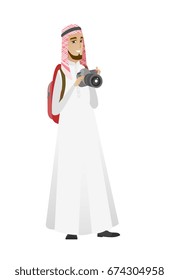 Muslim nature photographer with digital camera. Travel photographer with digital camera making photo. Man traveler with digital camera. Vector flat design illustration isolated on white background.
