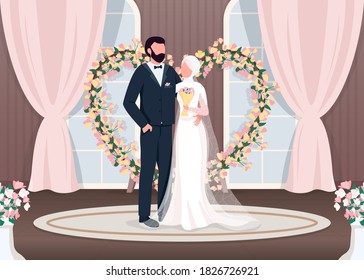 Muslim newlyweds flat color vector illustration. Bride and groom near luxury photozone. Floral arch wedding decoration. Islam couple 2D cartoon characters with interior on background