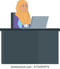 Muslim NGO young middle age girl lady woman female wearing hijab borka abaya jacket ID card glasses spectacles specs working in the office desk with laptop career job office background figure human serious service holder vector flat illustration