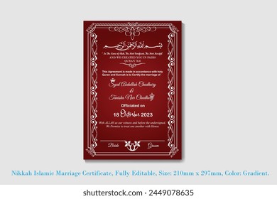 Plantilla de diseño del certificado islámico de Nikkah, certificado de matrimonio islámico, matrimonio musulmán de contacto 