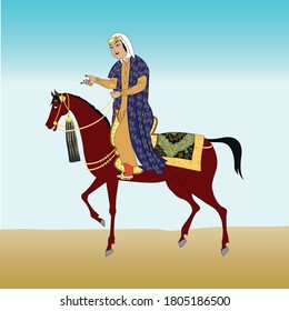 A muslim noble lady (Arab, Ottoman/Turkish, Persian etc.) riding her horse in Turkish/Persian miniature style vector.