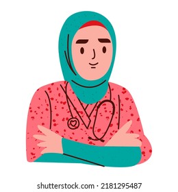 Muslim nurse in hijab. Vector illustration isolated on white background.
