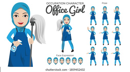 Muslim Office Girl Character Set with Variety of Pose and Face Expression