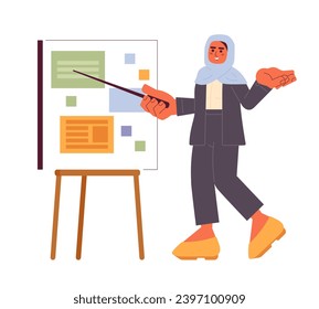 Trabajador de oficina musulmán dando ilustración plana de caricatura de presentación. El empleado de hijab señala a un personaje 2D aislado en un fondo blanco. Imagen de color vectorial de la escena de la conferencia de presentadora femenina