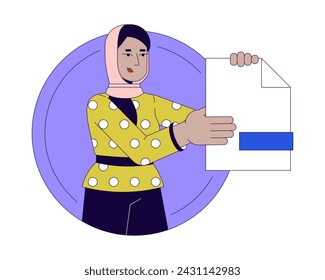 Muslim office worker with paper 2D linear cartoon character. Female manager holding document isolated line vector person white background. Business paperwork control color flat spot illustration