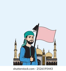 Muslim old man praying on a mosque with hand flag. 