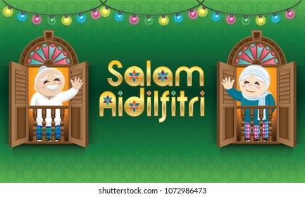 Muslim  Old Man And Woman Standing On A Malay Style Window, Celebrating Raya Festival, With Malay Style Pattern Background.  The Words 