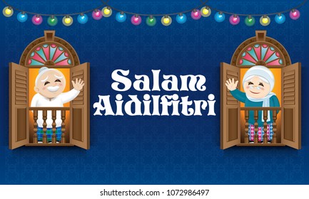 Muslim  old man and woman standing on a Malay style window, celebrating Raya festival, with Malay style pattern background.  The words "Salam Aidilfitri" means happy Hari Raya.