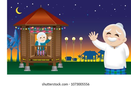 Muslim old man and woman waiting their family member home, to celebrate Raya festival together. With village evening's scene.