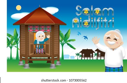 Muslim old man and woman waiting their family member home, to celebrate Raya festival together. With village day's scene. The words "Salam Aidilfitri" means happy Hari Raya.