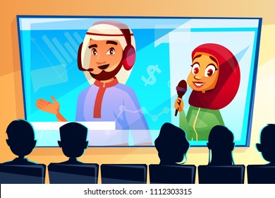 Muslim online conference vector illustration of man and woman in hijab on screen or display projection. Saudi Arabian audience and speakers witch microphone for news interview or statistics diagram