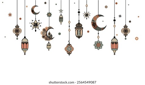 Muslim ornamental hanging lanterns, stars and moon vector illustration. Islamic oriental garland. Beautiuful Muslim holiday lantern traditional bohemian style