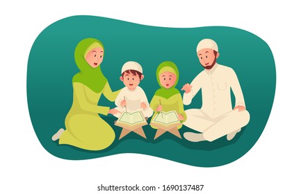 muslim parent teaching holy quran for his children. ramadan concept illustration
