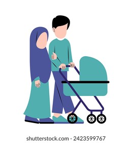 Muslim Parents With Baby Stroller