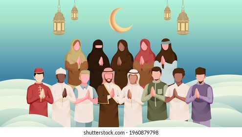 Muslim People All Around The World in Celebration of Eid Al Fitr Mubarak Illustration