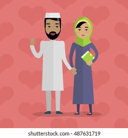 Muslim people. Arabian family. Arabic husband and wife. Man in white gown and woman in paranja. Mussulman and mussulwoman. Middle eastern couple. People of the world series. Vector in flat style