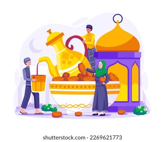 Muslim people are break Iftar party after fasting during Ramadan. Sweet dates in a bowl, Islamic lantern and Arabic coffee mug. Ramadan Kareem Illustration