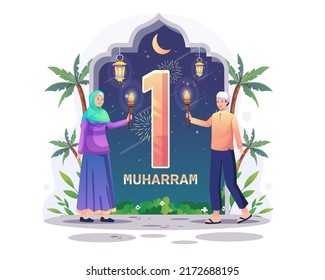 Muslim people carry torches to celebrate Islamic New Year or Hijri New Year. Happy 1st Muharram Islam New year. Vector illustration in flat style