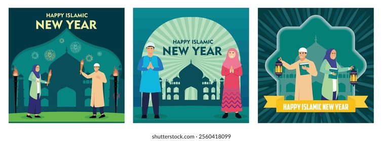 Muslim people carry torches. Happy Muharram of Celebrating Islamic New Year. Lanterns and Qur'an. Set lat vector modern illustration