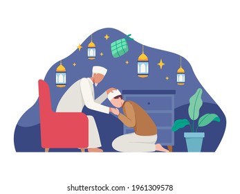 Muslim people celebrating eid al-fitr. Shaking hands wishing each other, Families gather together. Vector illustration in a flat style