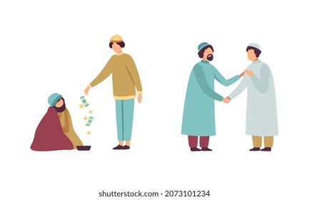 Muslim People Character in Traditional Clothing Greeting Shaking Hands and Donating Alms Vector Illustration Set