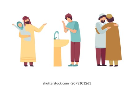 Muslim People Character in Traditional Clothing Hugging Each Other Greeting and Rinsing Hands in Sink Vector Illustration Set