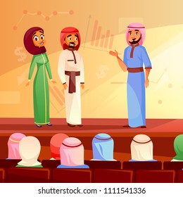 Muslim people at conference vector illustration of Saudi Arabian man and woman in khaliji and hijab. Audience at business interview presentation and speaker on stage with infographic background