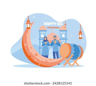 Muslim people congratulate Eid al Fitr in front of the mosque. Background of the crescent moon, lanterns and drum. Happy Eid Mubarak concept. flat vector modern illustration 