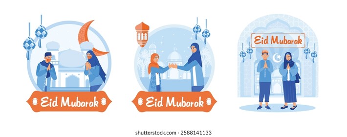 Muslim people Congratulations on Eid al-Fitr. Traditions during Eid al-Fitr. Shake hands and forgive each other. Happy Eid Mubarak concept. Set flat vector illustration.