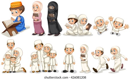 Muslim people in different actions illustration