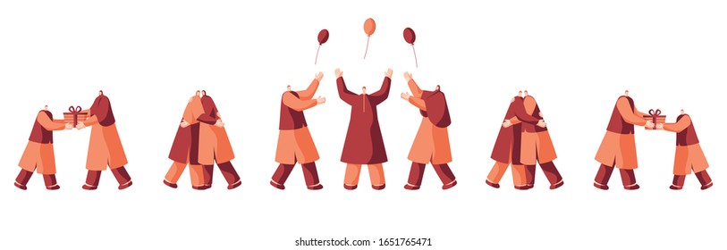 Muslim People in Different Poses Such as Hugging, Given Gift Box, Enjoying with Balloons.
