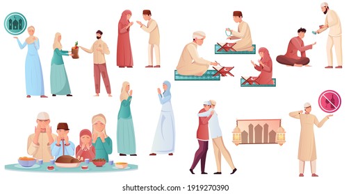 Muslim people in different situations during ramadan flat icons set isolated vector illustration