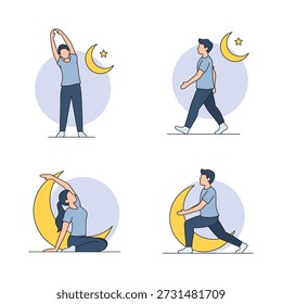 Muçulmanos praticando exercícios e ioga durante a noite do Ramadã com Lua Crescente e Estrela