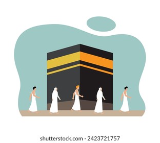 Muslim people doing Islamic hajj pilgrimage to Kabah flat 2d vector illustration