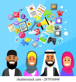 Muslim People Ethnic Arabic Man and Woman Digital Device Entertainment Flat Vector Illustration