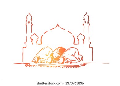 Muslim people fasting, traditional islamic holiday celebration, arabic religion and culture, arab architecture. Ramadan, prayers kneel, eid mubarak concept sketch. Hand drawn vector illustration