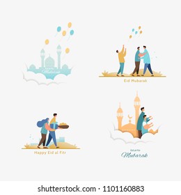 Muslim people feast of breaking the fast.Happy muslim community give gifts, charity and congratulate each other. Eid al-Fitr greeting card vector