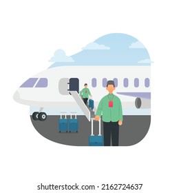 Muslim people get off the plane to perform hajj in mecca vector illustration