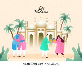 Muslim People Give Gift Box with Hug Together in Front of Golden Mosque on the Occasion of Eid Mubarak.