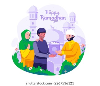 Muslim People give Zakat charity, an important Islamic obligation. Donation and charity during the Holy Month of Ramadan Kareem illustration