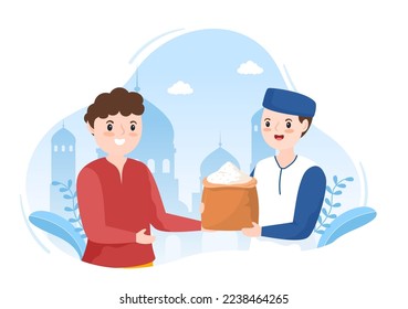 Muslim People Giving Alms, Zakat or Infaq Donation to a Person Who Need it in Flat Cartoon Poster Hand Drawn Templates Illustration