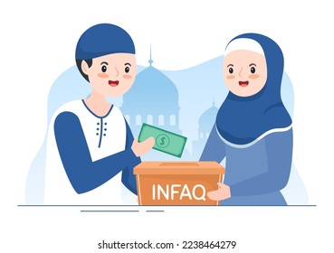 Muslim People Giving Alms, Zakat or Infaq Donation to a Person Who Need it in Flat Cartoon Poster Hand Drawn Templates Illustration