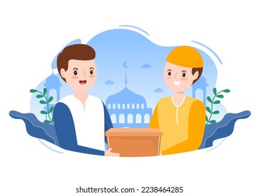 Muslim People Giving Alms, Zakat or Infaq Donation to a Person Who Need it in Flat Cartoon Poster Hand Drawn Templates Illustration